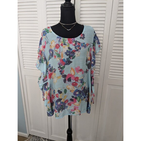 Zac & Rachel Blouse Womens 3X Aqua Floral Top Flutter Sleeve Ruffle Lightweight - Picture 1 of 13